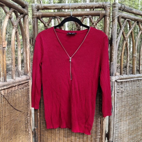 Express Red Ribbed Zip-Up Sweater - Picture 2 of 4
